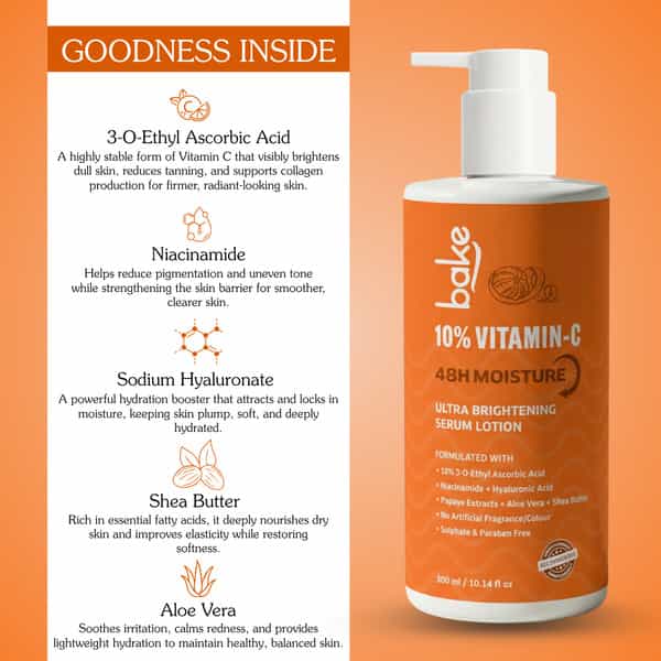 Bake 10% Vitamin C Ultra Brightening Serum Lotion | 48H Hydration Boost | Smooth Glowing Skin| 300Ml