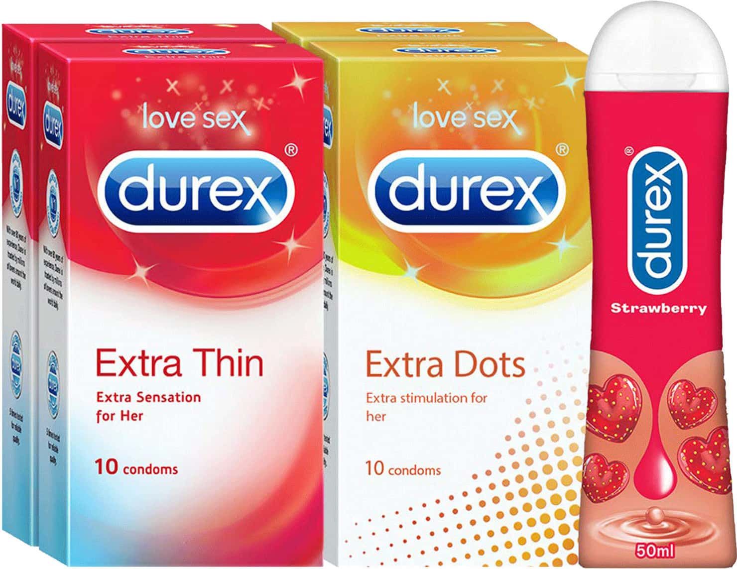 Durex Multipack Condoms Men-20count Each-Extradotted-Extratime With Durex Strawberry Lube Gel-50ml