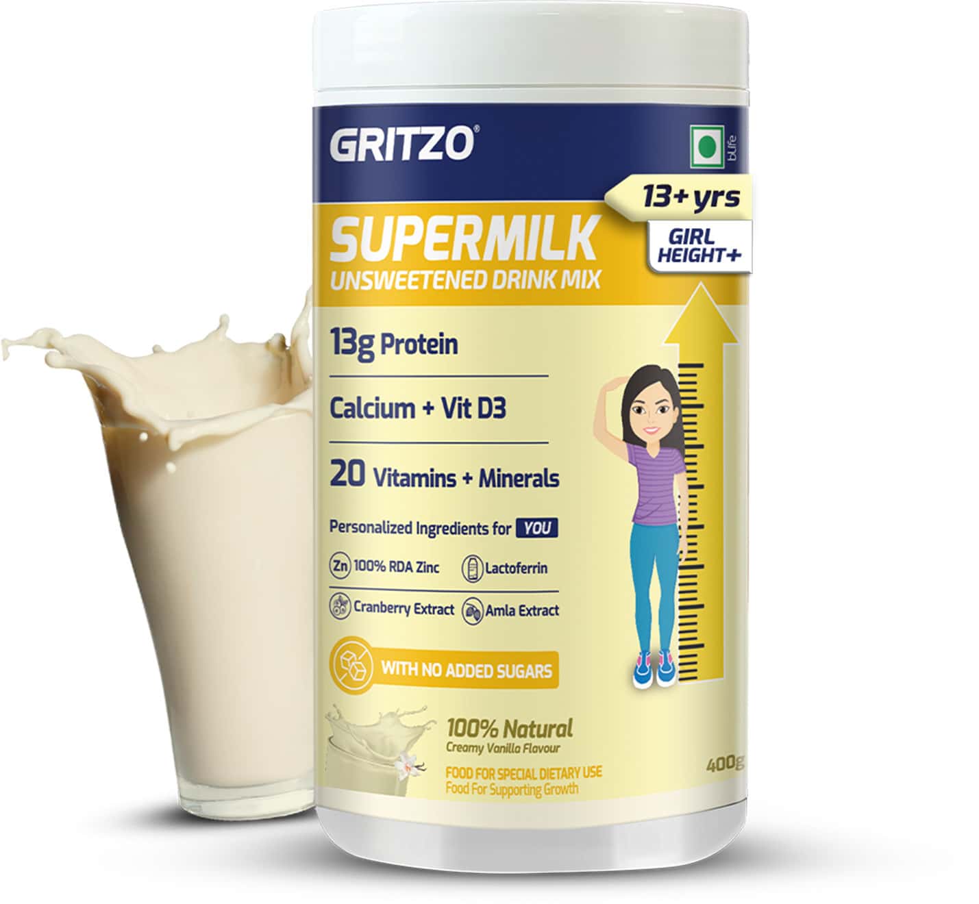 Gritzo Supermilk Height+ Drink Mix For Girls (13+ Yrs) | 400g | Creamy Vanilla