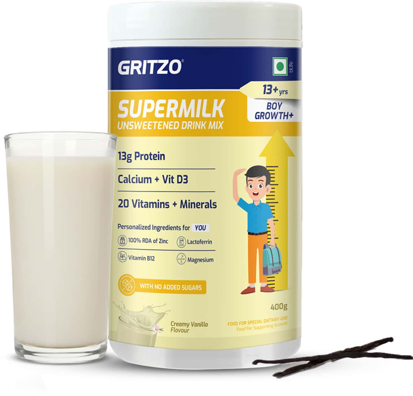Gritzo Supermilk Growth+ Unsweetened Drink Mix (13+Y Boys) | 13g Powder (Creamy Vanilla | 400g)