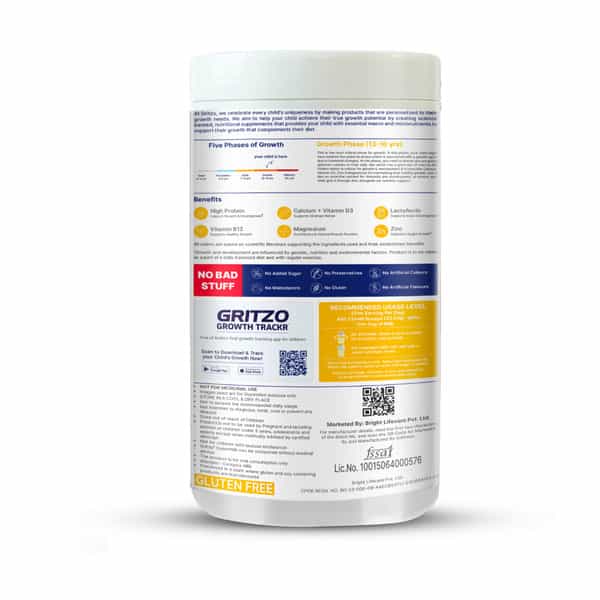 Gritzo Supermilk Growth+ Unsweetened Drink Mix (13+Y Boys) | 13G Powder (Creamy Vanilla | 400G)