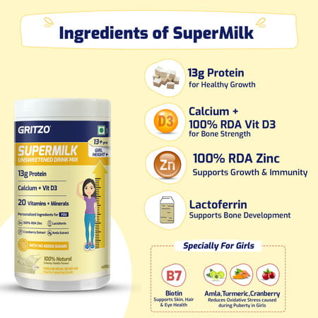 Gritzo Supermilk Height+ Drink Mix For Girls (13+ Yrs) | 400g | Creamy Vanilla