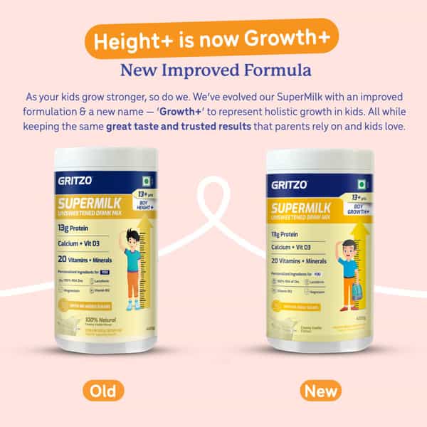 Gritzo Supermilk Growth+ Unsweetened Drink Mix (13+Y Boys) | 13G Powder (Creamy Vanilla | 400G)