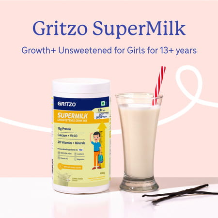 Gritzo Supermilk Growth+ (Formerly Height+) Unsweetened (13+Y Boys) (Creamy Vanilla | 400g)