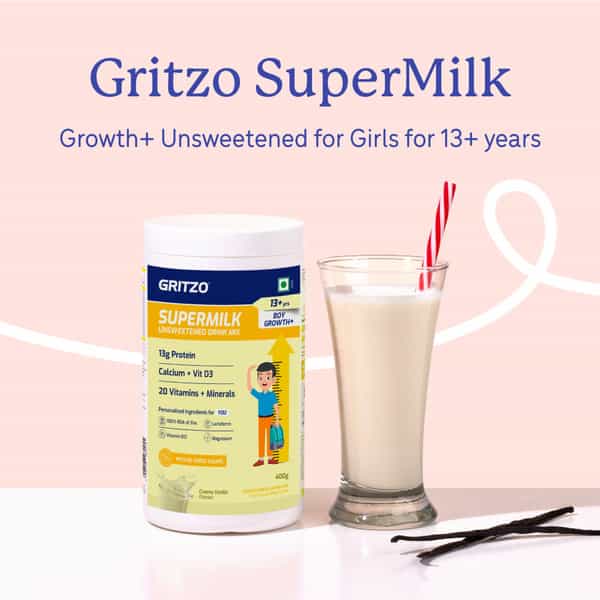 Gritzo Supermilk Growth+ Unsweetened Drink Mix (13+Y Boys) | 13G Powder (Creamy Vanilla | 400G)