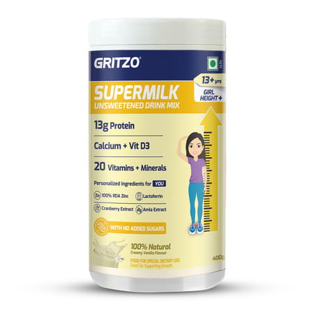 Gritzo Supermilk Height+ Drink Mix For Girls (13+ Yrs) | 400g | Creamy Vanilla