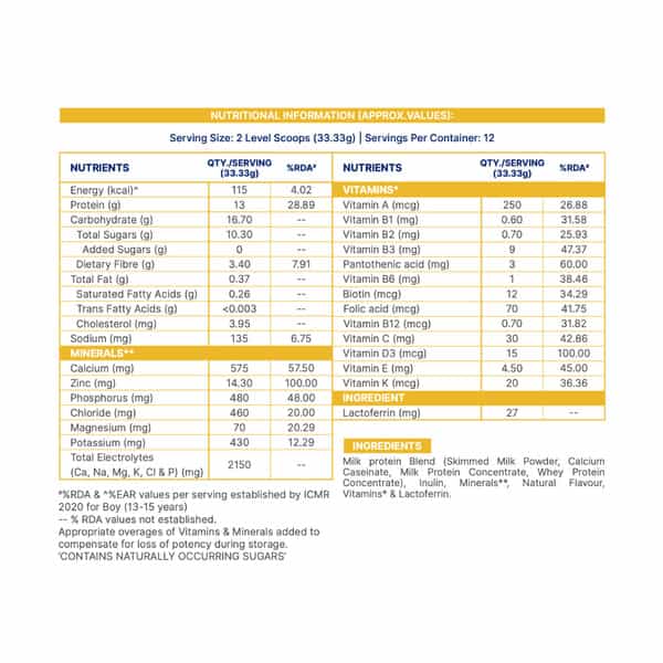 Gritzo Supermilk Growth+ Unsweetened Drink Mix (13+Y Boys) | 13G Powder (Creamy Vanilla | 400G)