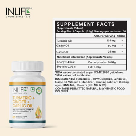 Inlife Turmeric Oil Ginger Oil Garlic Oil Capsule Heart Health Supplement Men Women-60 Veg Capsules