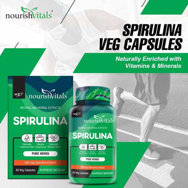 Nourishvitals Spirulina Pure Herbs 500 Mg Spirulina Extract Naturally Vitamins Rich 60 Veg Capsules