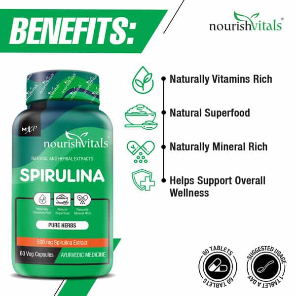 Nourishvitals Spirulina Pure Herbs 500 Mg Spirulina Extract Naturally Vitamins Rich 60 Veg Capsules