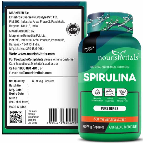 Nourishvitals Spirulina Pure Herbs 500 Mg Spirulina Extract Naturally Vitamins Rich 60 Veg Capsules