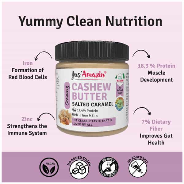 Jus Amazin Creamy Cashew Butter Salted Caramel -200G|Clean Nutrition|75% Cashewnut| No Refined Sugar