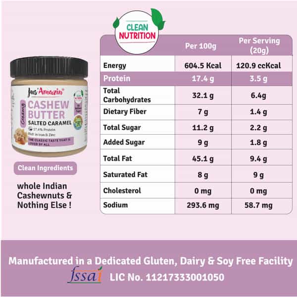 Jus Amazin Creamy Cashew Butter Salted Caramel -200G|Clean Nutrition|75% Cashewnut| No Refined Sugar