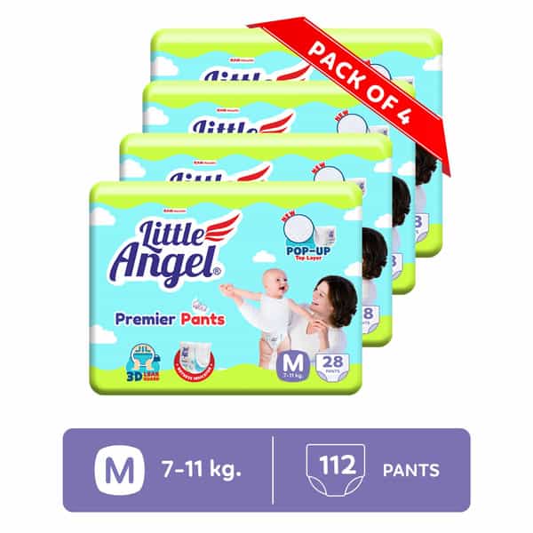 Little Angel Premier Pants Baby Diapers Medium (M) Size 112 Count Pack Of 4 28 Count/Pack 7-11 Kg