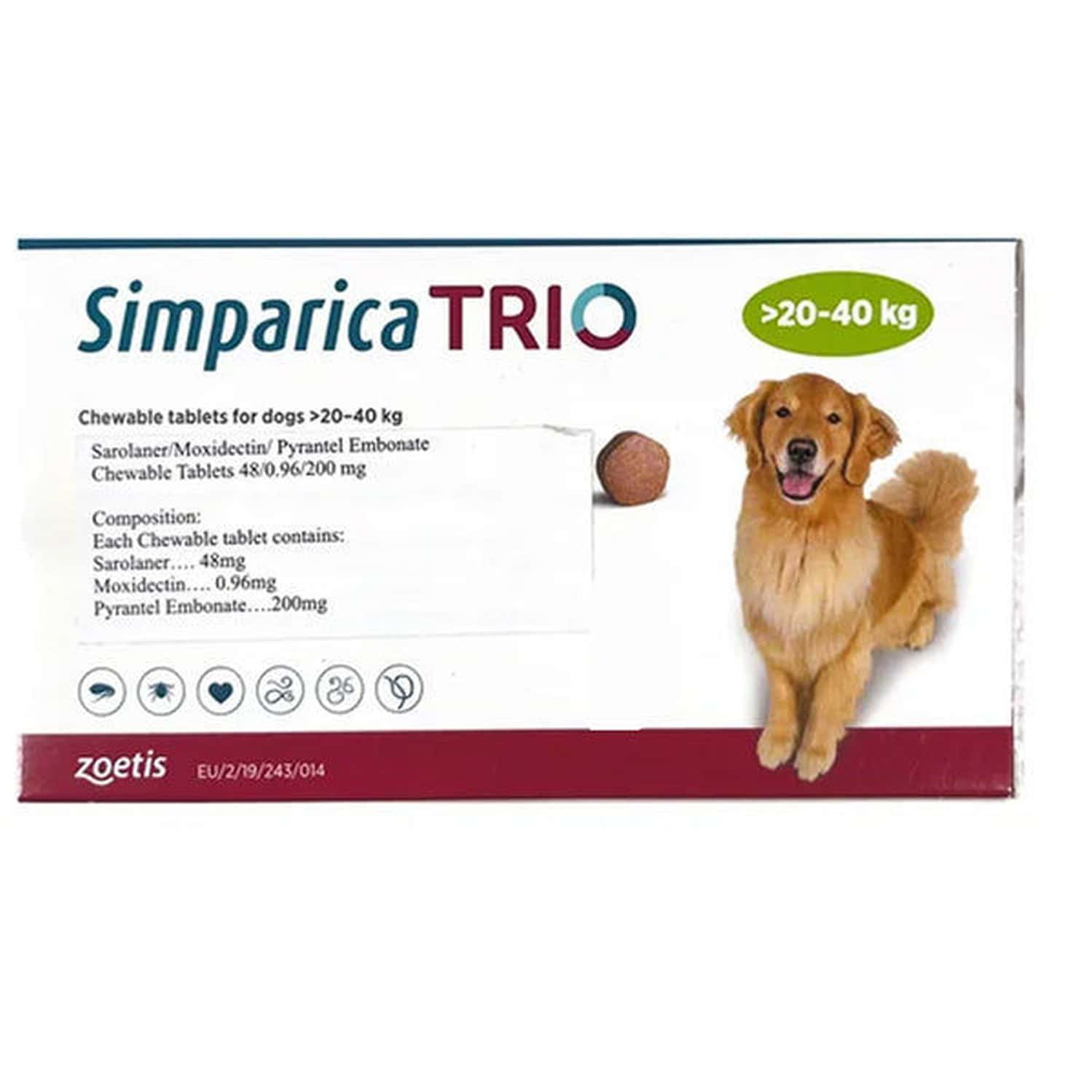 Zoetis Simparica Trio (sarolaner) Tick And Flea Control Tablet For Dogs | 20-40kg | 1 Tablet