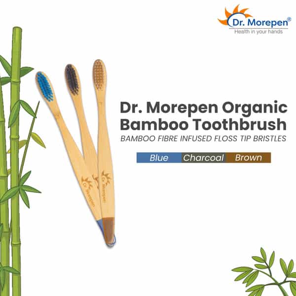 Dr. Morepen Organic Bamboo Toothbrush For Adults - Blue Brown & Charcoal - 3'S