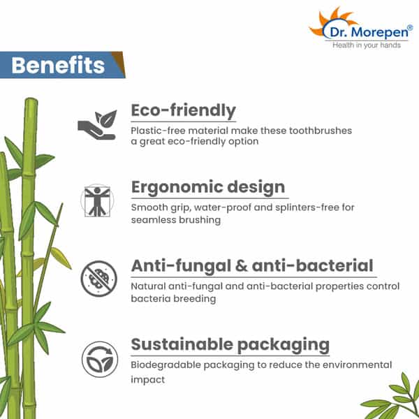 Dr. Morepen Organic Bamboo Toothbrush For Adults - Blue Brown & Charcoal - 3'S
