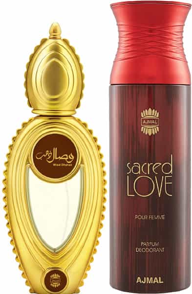 Ajmal Wisal Dhahab Eau De Parfum 50Ml Perfume For Men And Sacred Love Deodorant 200Ml For Women
