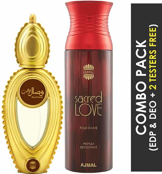 Ajmal Wisal Dhahab Eau De Parfum 50Ml Perfume For Men And Sacred Love Deodorant 200Ml For Women