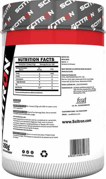Scitron Beta Alanine (100 Servings | 2.5G Beta Alanine | 0 Fillers | No Added Sweetner) - 250G