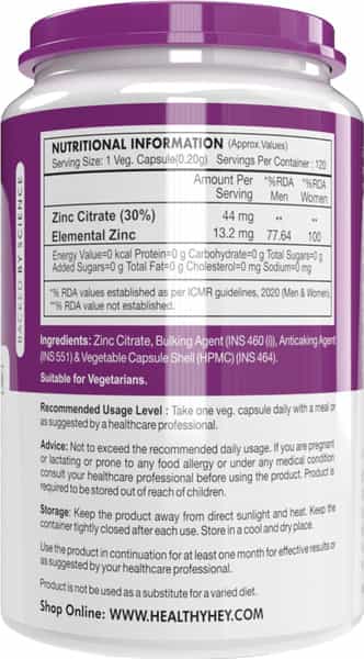 Healthyhey Nutrition Zinc Citrate Supports Immunity - 120 Veg Capsules
