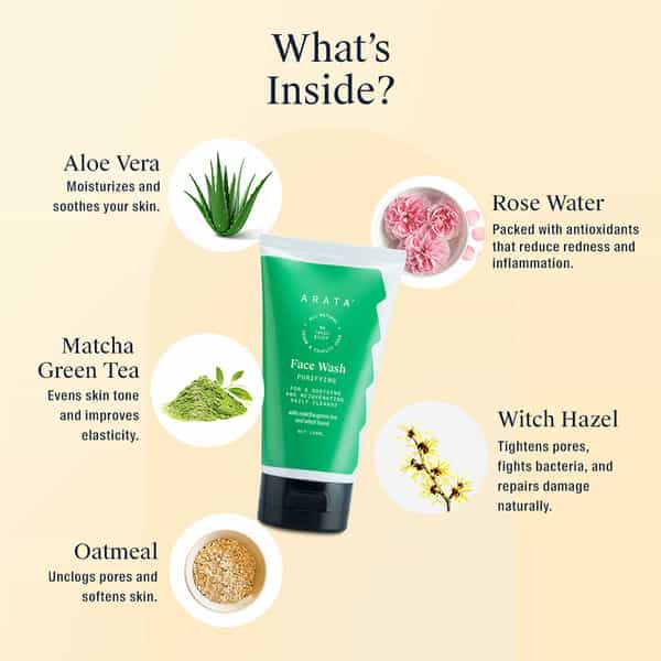 Arata Natural Purifying Face Wash With Matcha Green Tea Aloe Vera & Witch Hazel (150 Ml)