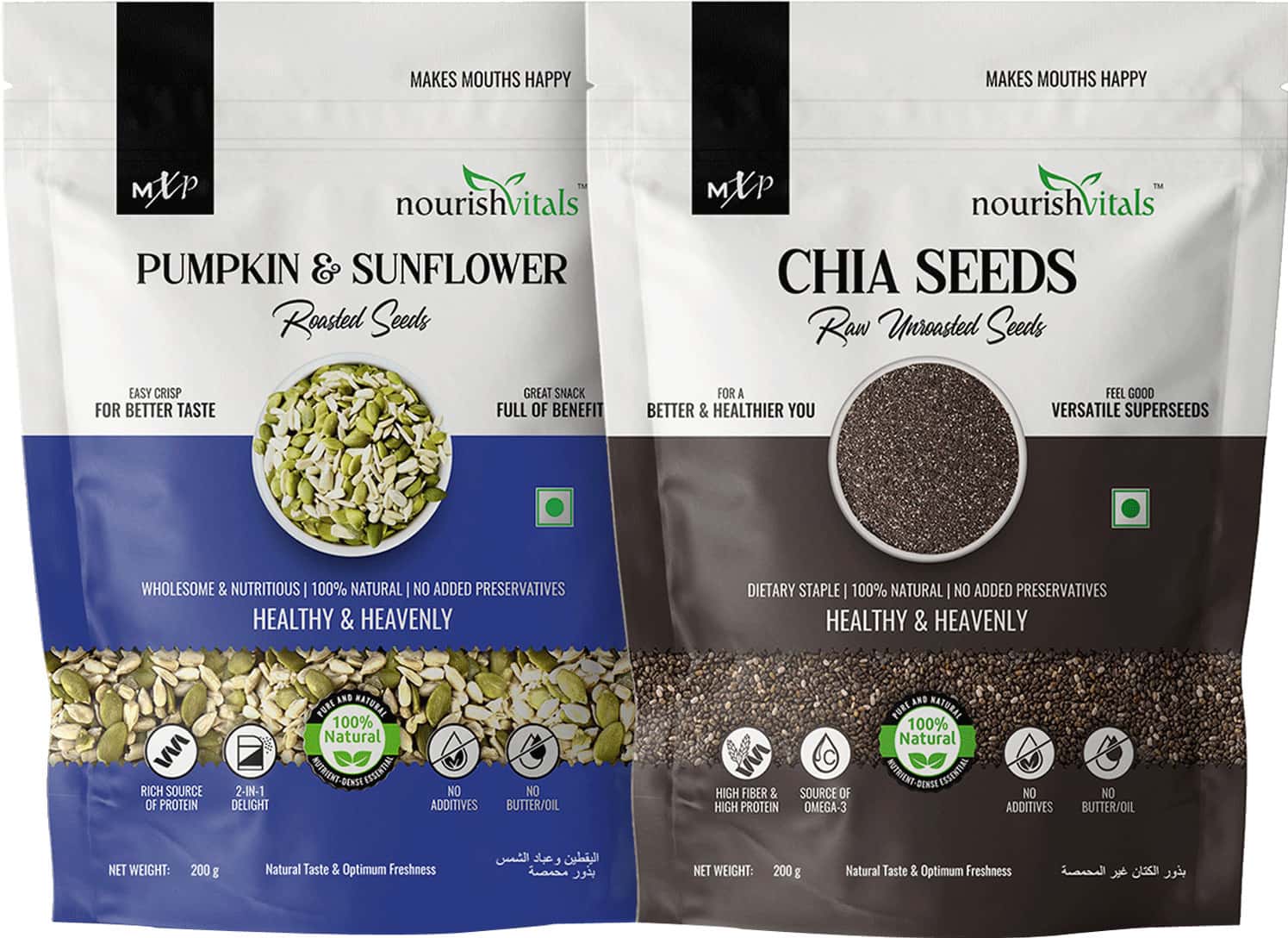 Nourishvitals Healthy Munching Pumpkin And Sunflower Roasted Seeds + Chia Raw Seeds (200gm Each)