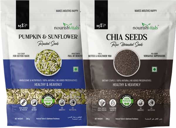 Nourishvitals Healthy Munching Pumpkin And Sunflower Roasted Seeds + Chia Raw Seeds (200Gm Each)