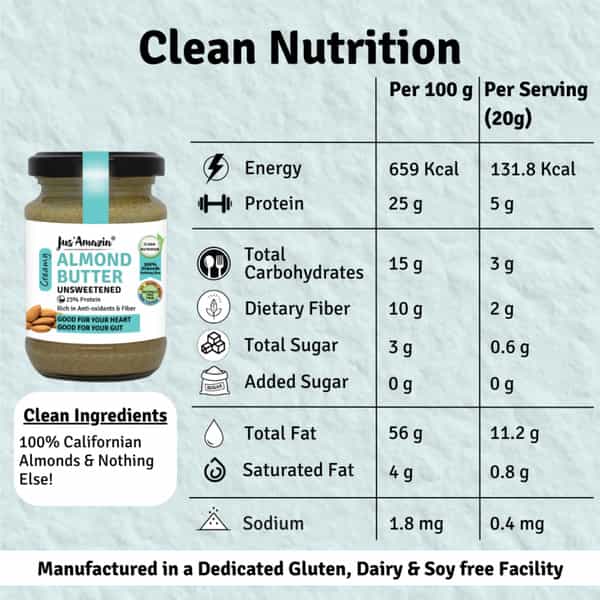 Jus Amazin Creamy Almond Butter - Unsweetened (125G) |Clean Nutrition |100% Almonds | Dairy Free