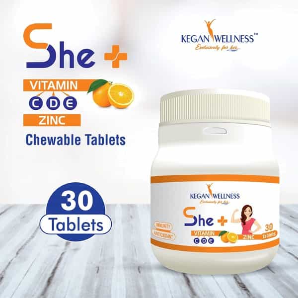 Kegan Wellness She+ (Vitamin C + D + E + Zinc) Chewable Multi-Vitamin Tablets Bottle Of 30