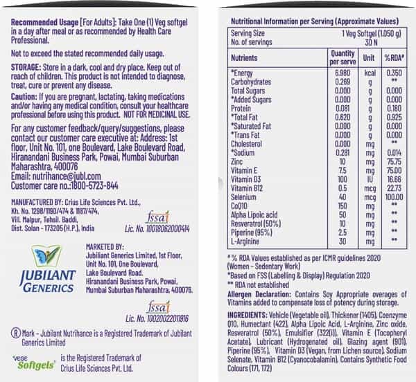Jubilant Nutrihance Ub Gold Coenzyme Q10 150Mg (30 Veg Softgels) Boost Cellular Energy & Immunity