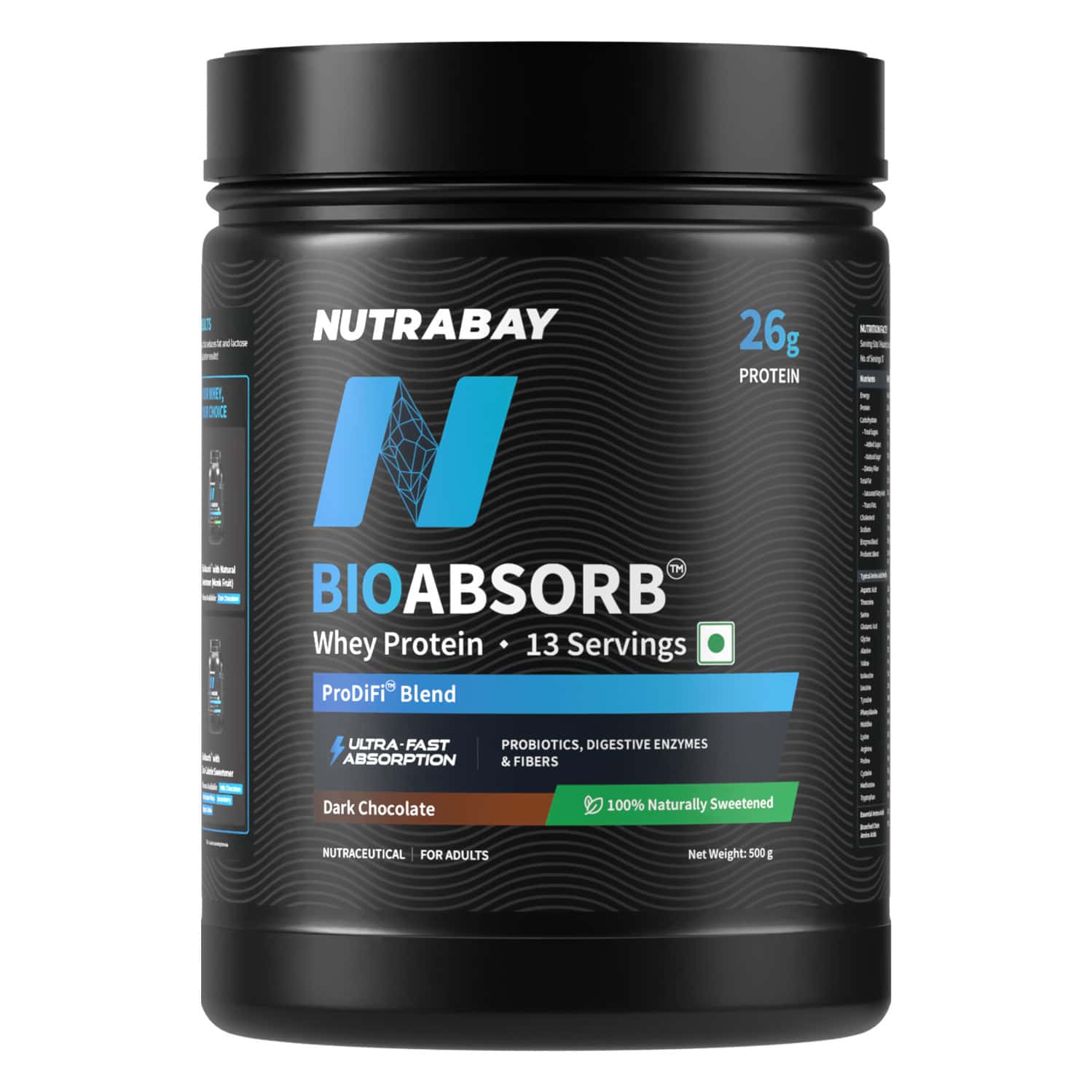 Nutrabay Bioabsorb Whey Protein Powder | Prodifi Blend | 26g Per Scoop | Dark Chocolate - 500g