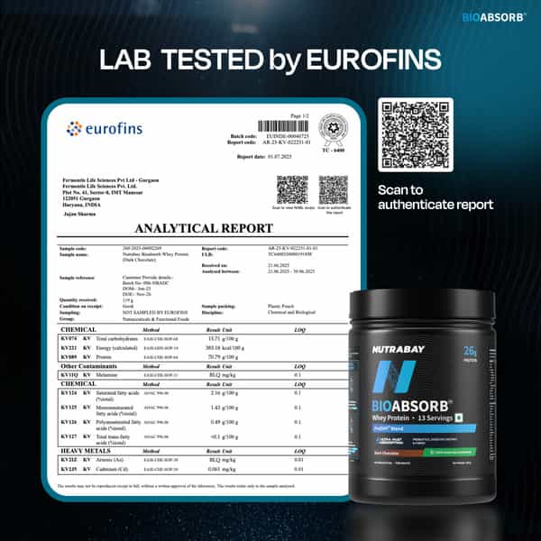 Nutrabay Bioabsorb Whey Protein Powder | Prodifi Blend | 26G Per Scoop | Dark Chocolate - 500G