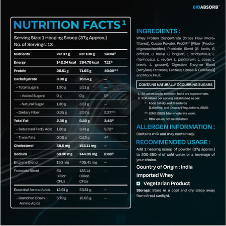 Nutrabay Bioabsorb Whey Protein Powder | Prodifi Blend | 26G Per Scoop | Dark Chocolate - 500G