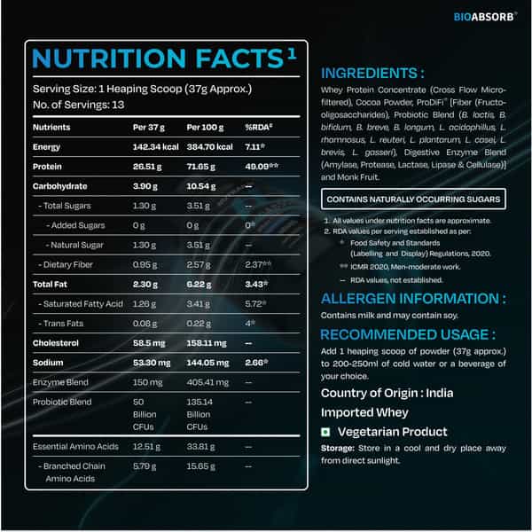 Nutrabay Bioabsorb Whey Protein Powder | Prodifi Blend | 26G Per Scoop | Dark Chocolate - 500G