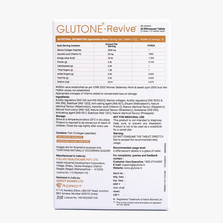 Glutone-Revive Effervescent Collagen Tablets-2500 Mg | For Men & Women | 10 Blueberry Tablets