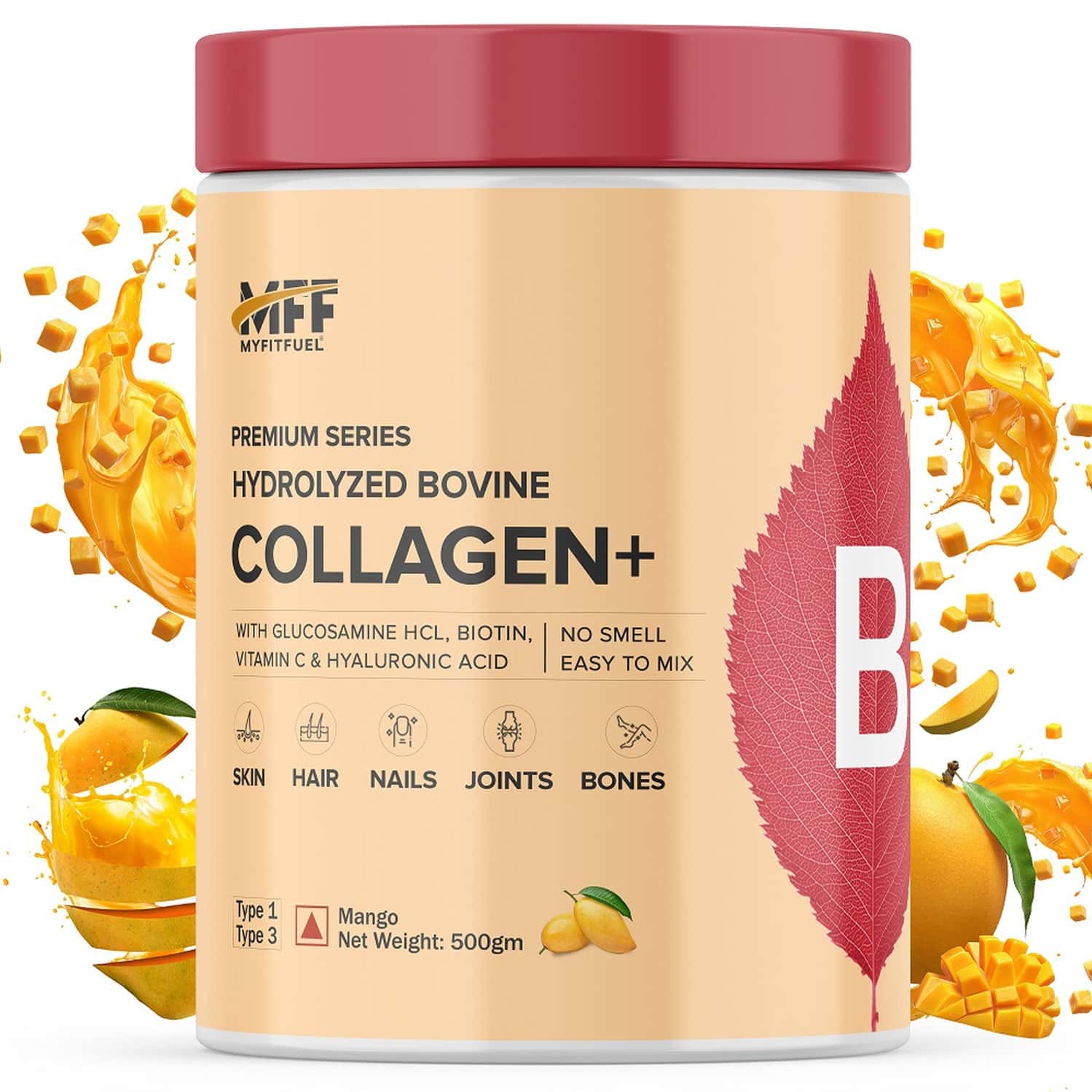 Myfitfuel Hydrolyzed Bovine Collagen + Glucosamine | Hyaluronic | Biotin | Vitamin C (500g | Mango)