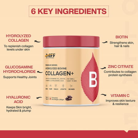 Myfitfuel Hydrolyzed Bovine Collagen + Glucosamine | Hyaluronic | Biotin | Vitamin C (500G | Mango)