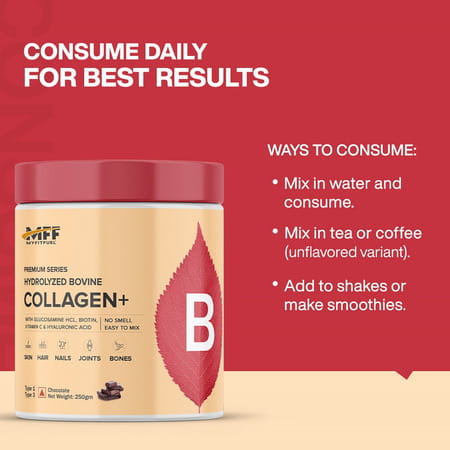 Myfitfuel Hydrolyzed Bovine Collagen + Glucosamine | Hyaluronic | Biotin | Vitamin C (500G | Mango)
