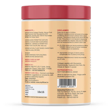 Myfitfuel Hydrolyzed Bovine Collagen + Glucosamine | Hyaluronic | Biotin | Vitamin C (500G | Mango)