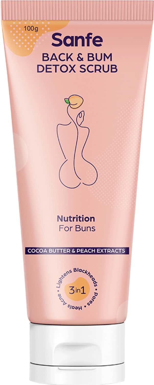 Sanfe Back & Bum Detox Scrub -100g With Cocoa Butter & Peach Extracts For Skin Lightening-100g