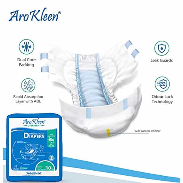 Arokleen Overnight Adult Diaper Tape Style Large (Waist Size: 101.6 Cm-149.86 Cm) 10Pcs Pack Of 1