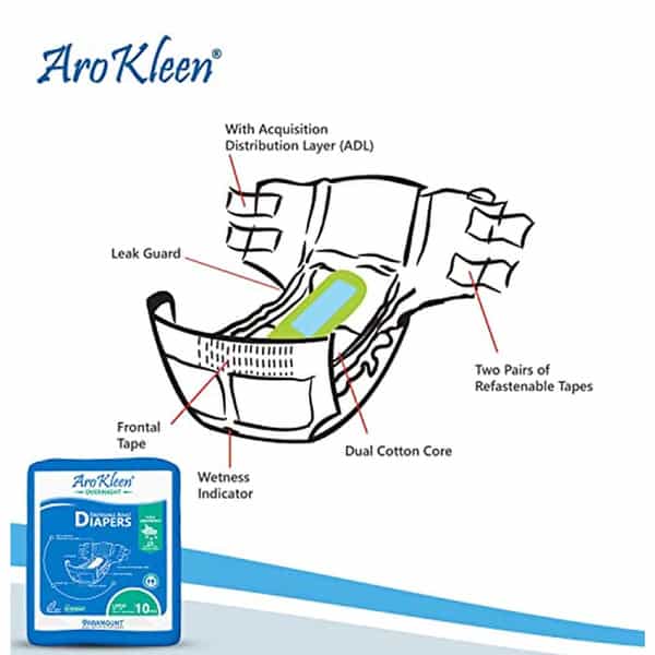 Arokleen Overnight Adult Diaper Tape Style Large (Waist Size: 101.6 Cm-149.86 Cm) 10Pcs Pack Of 1