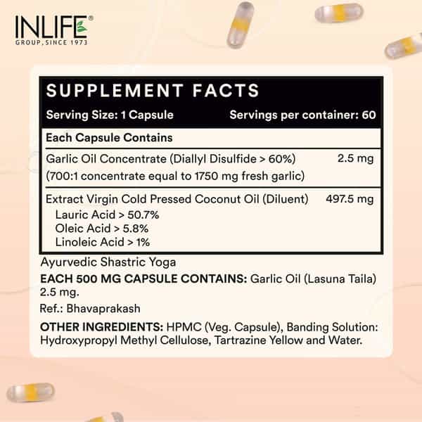 Inlife Natural Garlic Oil 0.5% | Extra Virgin Cold Pressed Coconut Oil | Veg | 60N