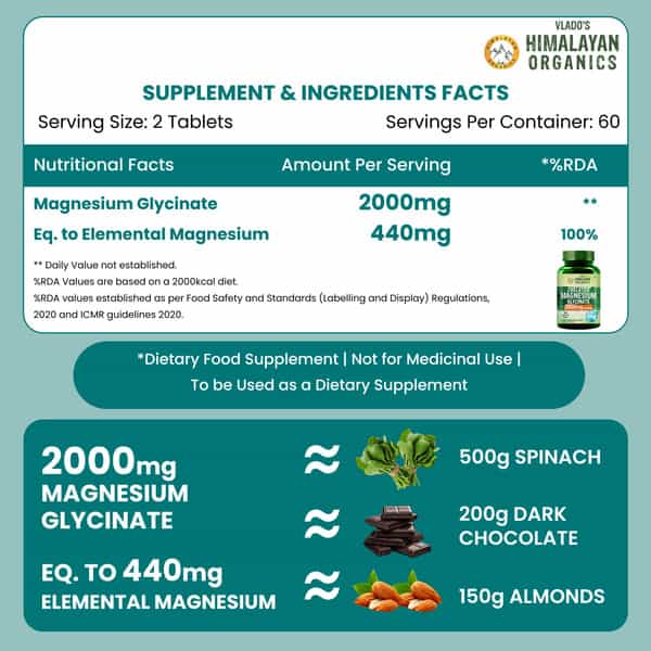 Vlado's Himalayan Organics Chelated Magnesium Glycinate Supplement 2000Mg - 120 Veg Tablets