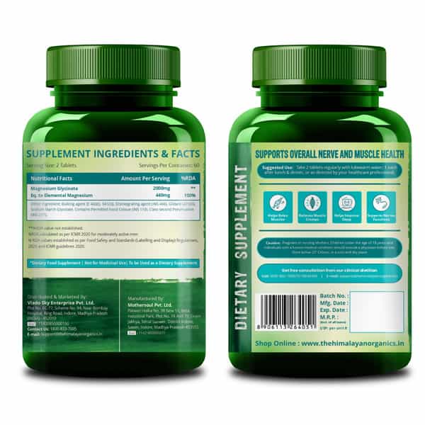 Vlado's Himalayan Organics Chelated Magnesium Glycinate Supplement 2000Mg - 120 Veg Tablets