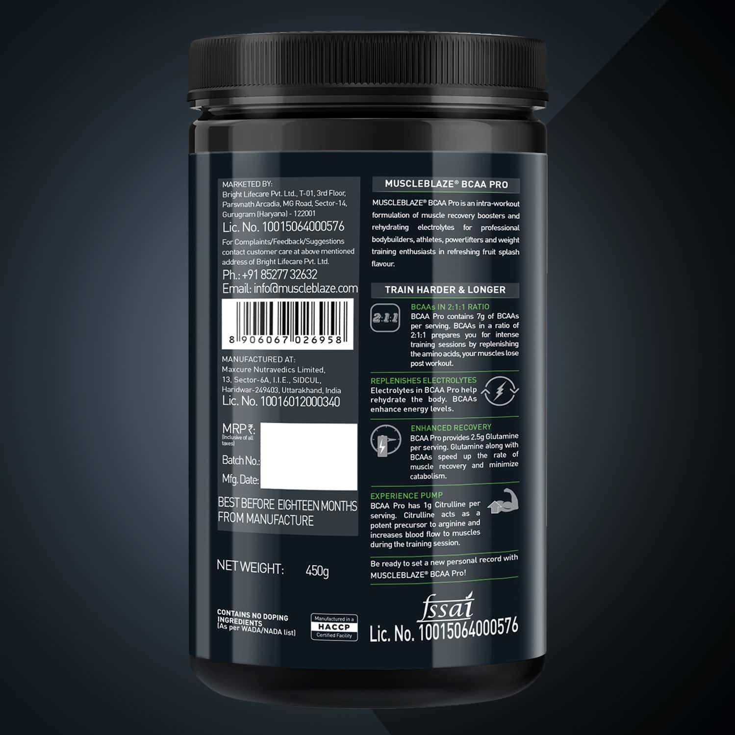 Buy MUSCLEBLAZE BCAA PRO, POWERFUL INTRA WORKOUT (FRUIT SPLASH, 450 G