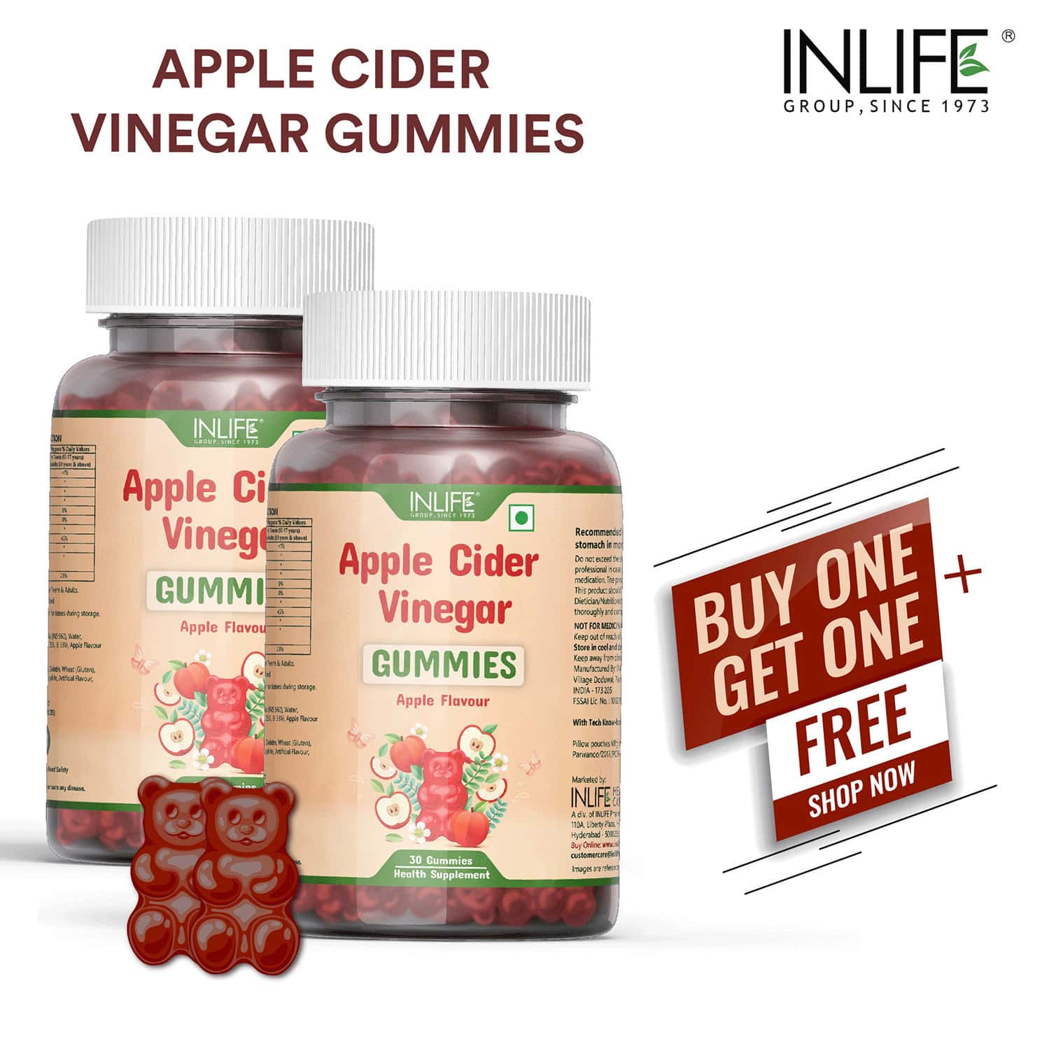 Inlife Apple Cider Vinegar Gummies Buy One Get One Free For Weight Management-30apple Flavor Gummies