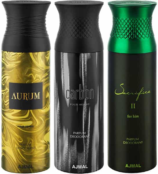 Ajmal Aurum & Carbon & Sacrifice Ii Deodorant Spray - For Men & Women (200 Ml Pack Of 3)