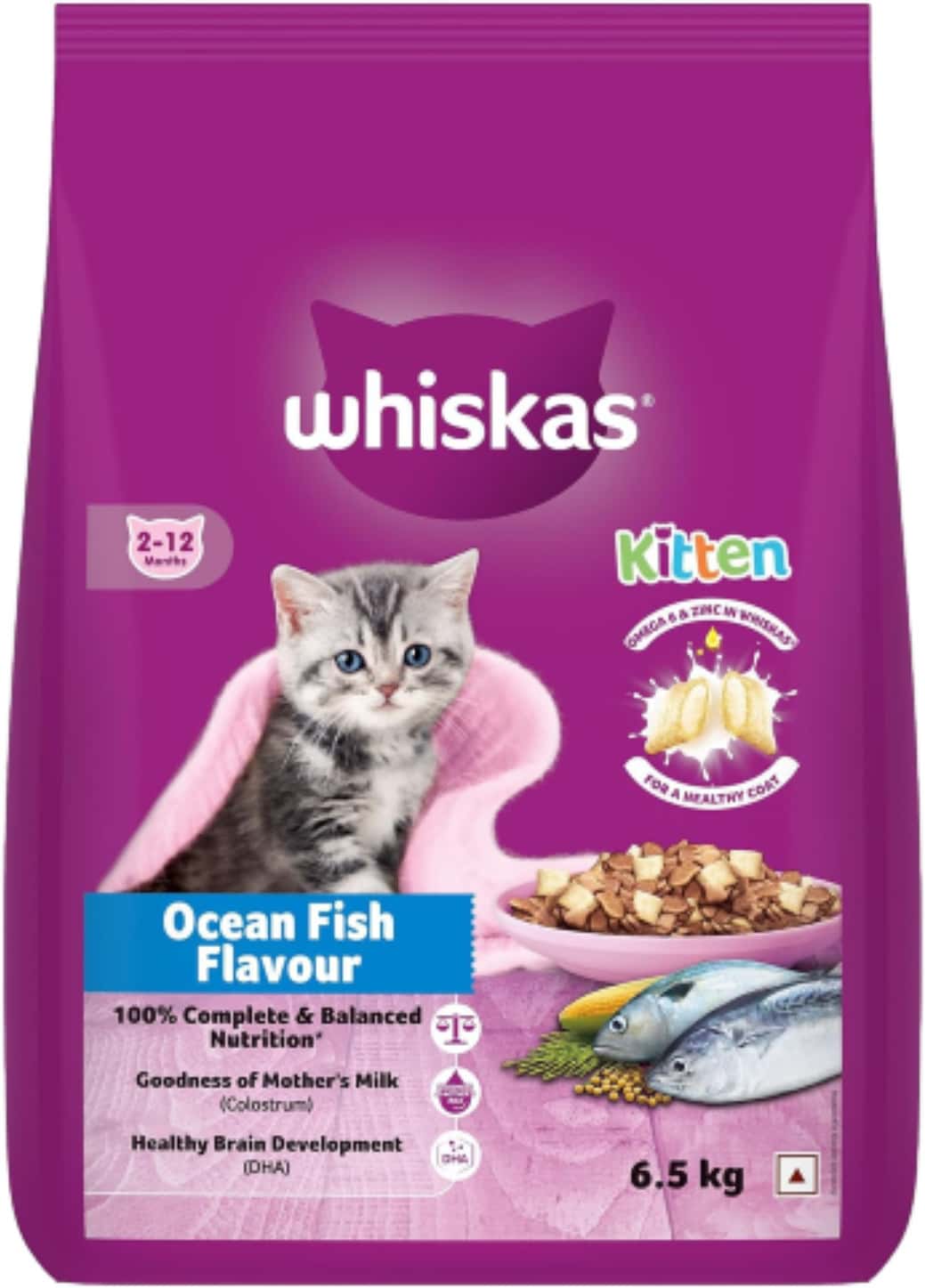 Whiskas Junior Mother Cat & Kitten (2-12 Months) Dry Cat Food | Ocean Fish Flavour | 6.5 Kg